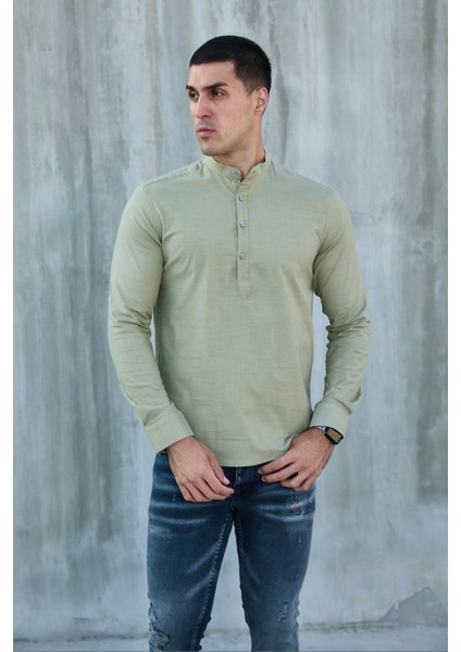 Hakim Yaka Yarım Pat Likra Keten Doku Pamuk Slim Fit Erkek Gömlek