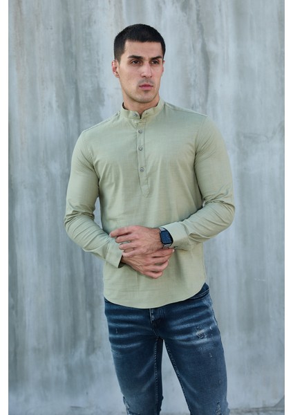 Hakim Yaka Yarım Pat Likra Keten Doku Pamuk Slim Fit Erkek Gömlek fiyatları