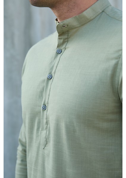 Hakim Yaka Yarım Pat Likra Keten Doku Pamuk Slim Fit Erkek Gömlek modelleri