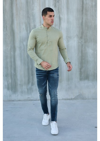 Hakim Yaka Yarım Pat Likra Keten Doku Pamuk Slim Fit Erkek Gömlek indirimleri