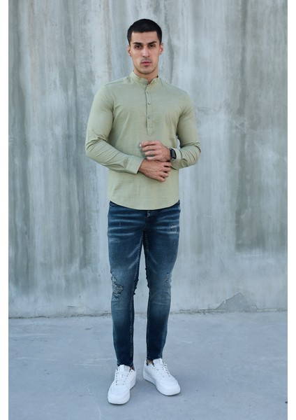 Hakim Yaka Yarım Pat Likra Keten Doku Pamuk Slim Fit Erkek Gömlek