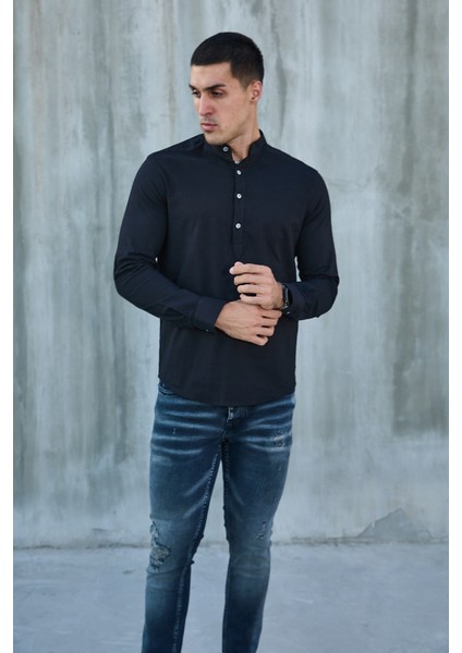 Hakim Yaka Yarım Pat Likra Keten Doku Pamuk Slim Fit Erkek Gömlek