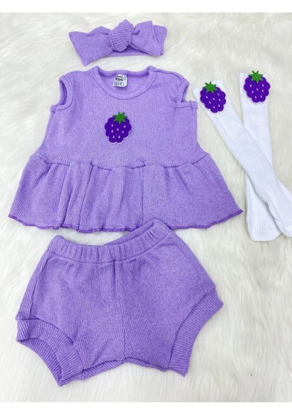Lila Bebek Şort Bluz Bandana Böğürtlen Keçeli Çorap Set 6-36 Ay