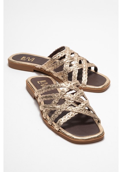 Alısha Altın Hakiki Deri Örgü Bantlı Kadın Terlik