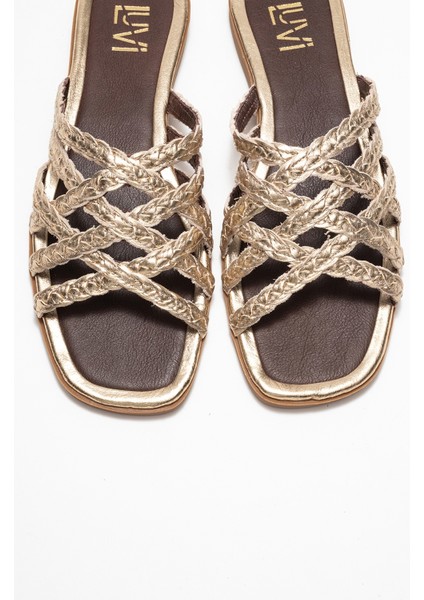 Alısha Altın Hakiki Deri Örgü Bantlı Kadın Terlik fiyatları
