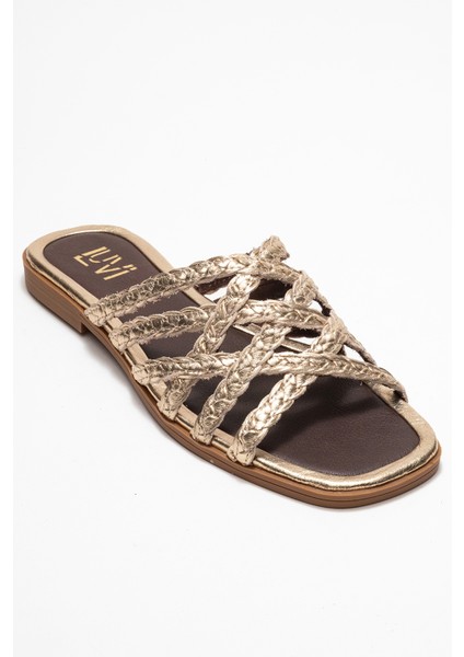 Alısha Altın Hakiki Deri Örgü Bantlı Kadın Terlik modelleri