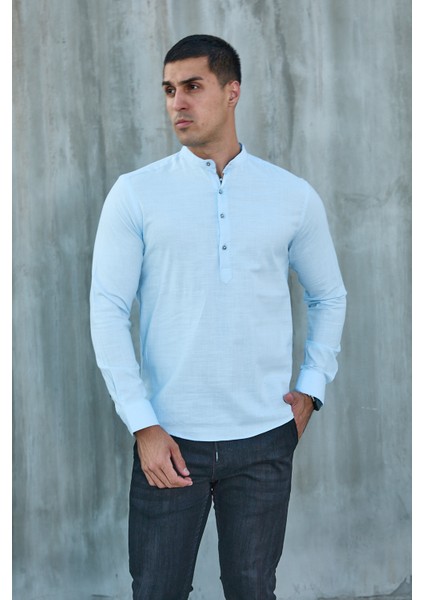 Hakim Yaka Yarım Pat Likra Keten Doku Pamuk Slim Fit Erkek Gömlek