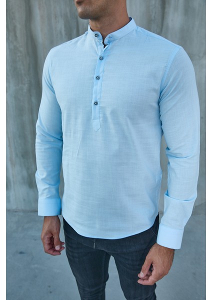 Hakim Yaka Yarım Pat Likra Keten Doku Pamuk Slim Fit Erkek Gömlek modelleri