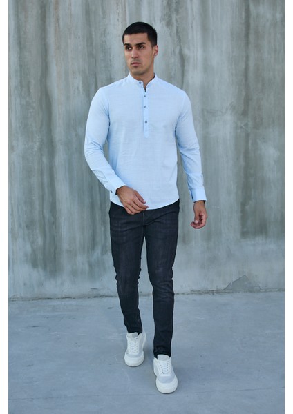 Hakim Yaka Yarım Pat Likra Keten Doku Pamuk Slim Fit Erkek Gömlek indirimleri