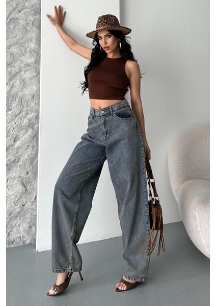 Kar Yıkamalı Baggy Kot Pantolon Kahve Tint Yikama - 27269 modelleri