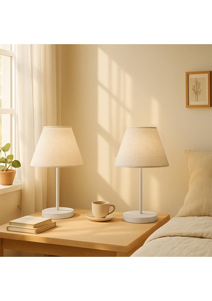 Kırçıllı Kumaş 2'li Beyaz Ayaklı Abajur Seti