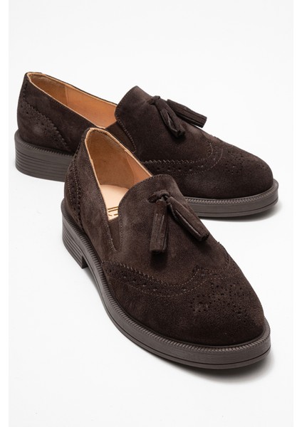 Alex Kahverengi Süet Hakiki Deri Püsküllü Lastikli Kadın Loafer Ayakkabı