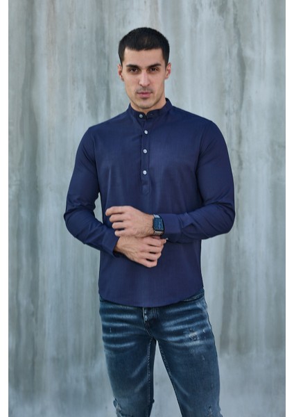 Hakim Yaka Yarım Pat Likra Keten Doku Pamuk Slim Fit Erkek Gömlek