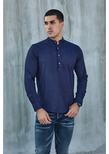 Hakim Yaka Yarım Pat Likra Keten Doku Pamuk Slim Fit Erkek Gömlek fiyatları