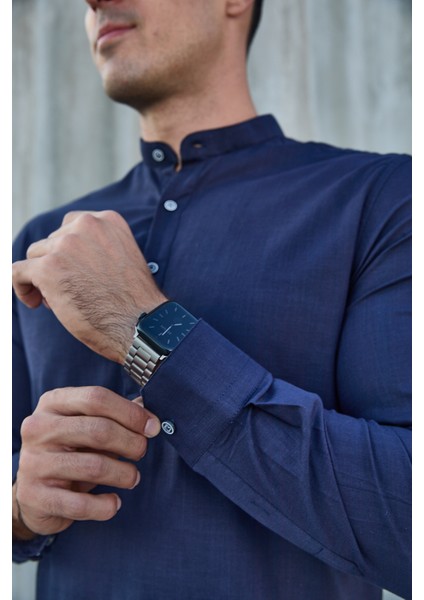 Hakim Yaka Yarım Pat Likra Keten Doku Pamuk Slim Fit Erkek Gömlek modelleri