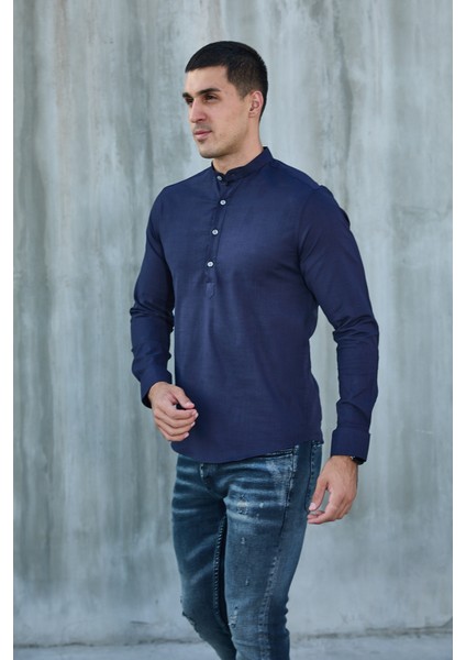 Hakim Yaka Yarım Pat Likra Keten Doku Pamuk Slim Fit Erkek Gömlek fırsatları