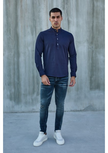 Hakim Yaka Yarım Pat Likra Keten Doku Pamuk Slim Fit Erkek Gömlek indirimleri