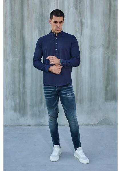 Hakim Yaka Yarım Pat Likra Keten Doku Pamuk Slim Fit Erkek Gömlek