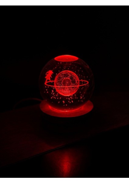 Ledli Usb'li Ahşap Standlı Satürn Kız Temalı Kristal Küre Renkli Rgb LED 3D Oda Masa ve Gece Lambası