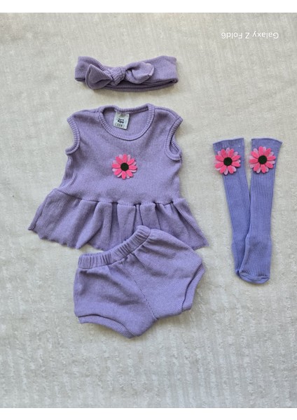 Lila Ribana Kız Çocuk Şort Bluz Bandana Çiçek Keçeli Lila Çorap Set
