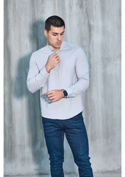 Hakim Yaka Yarım Pat Likra Keten Doku Pamuk Slim Fit Erkek Gömlek modelleri