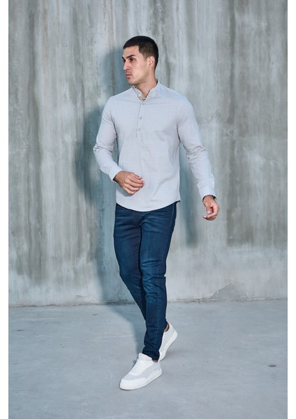 Hakim Yaka Yarım Pat Likra Keten Doku Pamuk Slim Fit Erkek Gömlek indirimleri