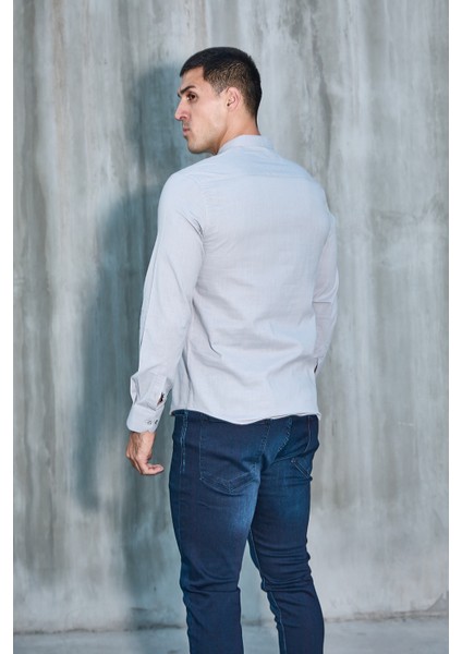 Hakim Yaka Yarım Pat Likra Keten Doku Pamuk Slim Fit Erkek Gömlek