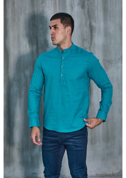 Hakim Yaka Yarım Pat Likra Keten Doku Pamuk Slim Fit Erkek Gömlek