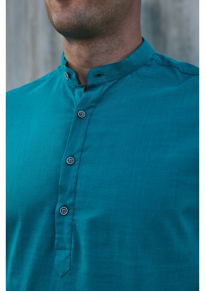 Hakim Yaka Yarım Pat Likra Keten Doku Pamuk Slim Fit Erkek Gömlek fiyatları