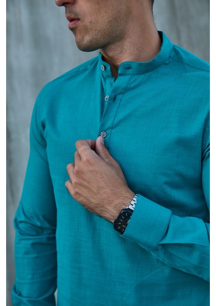 Hakim Yaka Yarım Pat Likra Keten Doku Pamuk Slim Fit Erkek Gömlek modelleri