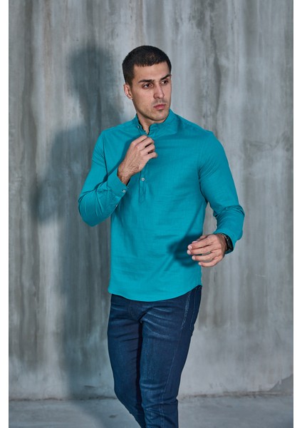 Hakim Yaka Yarım Pat Likra Keten Doku Pamuk Slim Fit Erkek Gömlek fırsatları