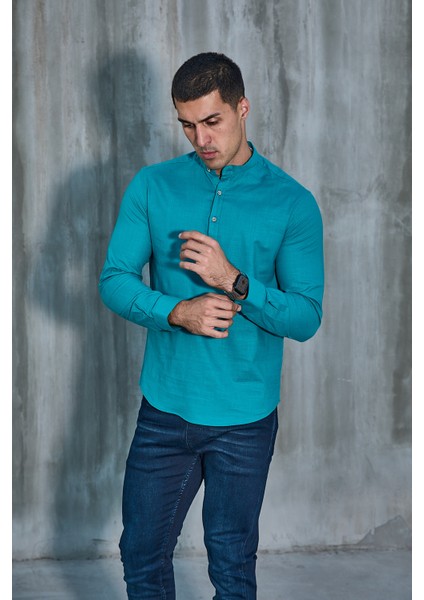 Hakim Yaka Yarım Pat Likra Keten Doku Pamuk Slim Fit Erkek Gömlek indirimleri