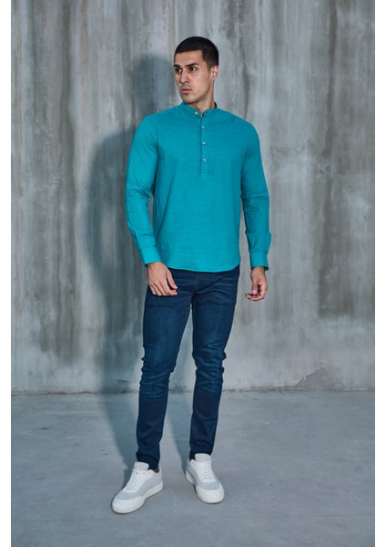 Hakim Yaka Yarım Pat Likra Keten Doku Pamuk Slim Fit Erkek Gömlek