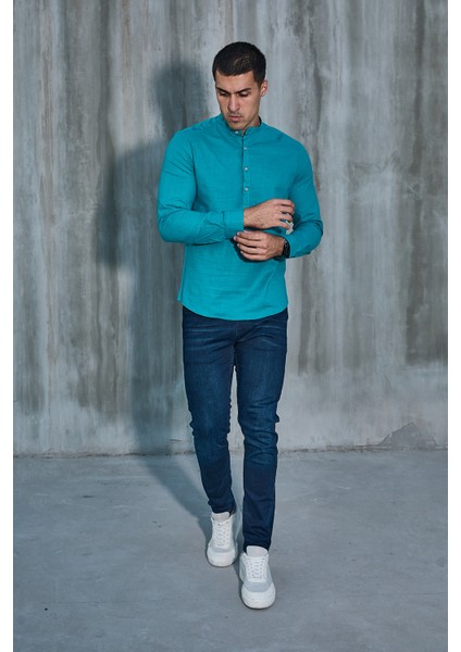 Hakim Yaka Yarım Pat Likra Keten Doku Pamuk Slim Fit Erkek Gömlek