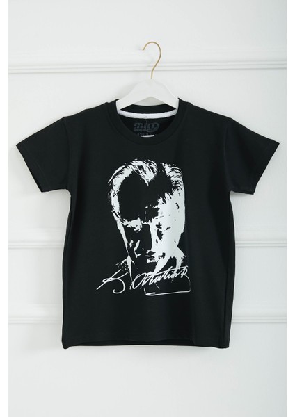 Erkek Çocuk Siyah Bisiklet Yaka Atatürk Baskılı Kısa Kollu Unisex T-Shirt - 26847