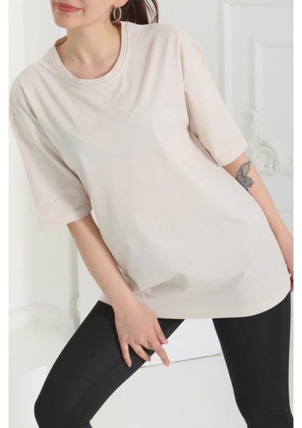 Oversize Kısa Kollu T-Şhirt Krem - 27118 fırsatları