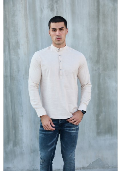 Hakim Yaka Yarım Pat Likra Keten Doku Pamuk Slim Fit Erkek Gömlek