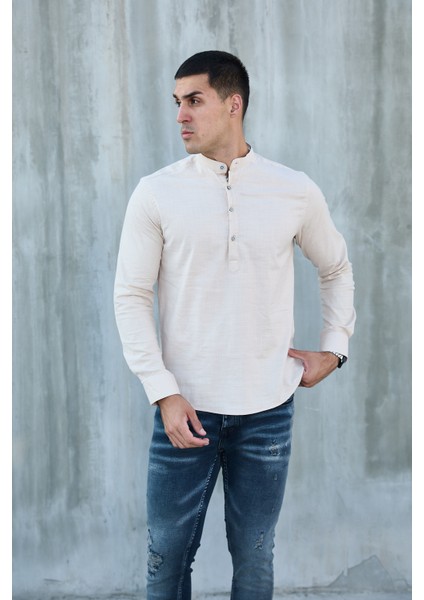 Hakim Yaka Yarım Pat Likra Keten Doku Pamuk Slim Fit Erkek Gömlek fiyatları
