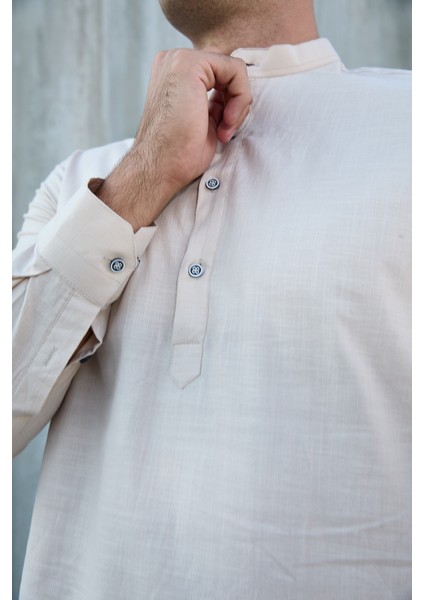 Hakim Yaka Yarım Pat Likra Keten Doku Pamuk Slim Fit Erkek Gömlek modelleri