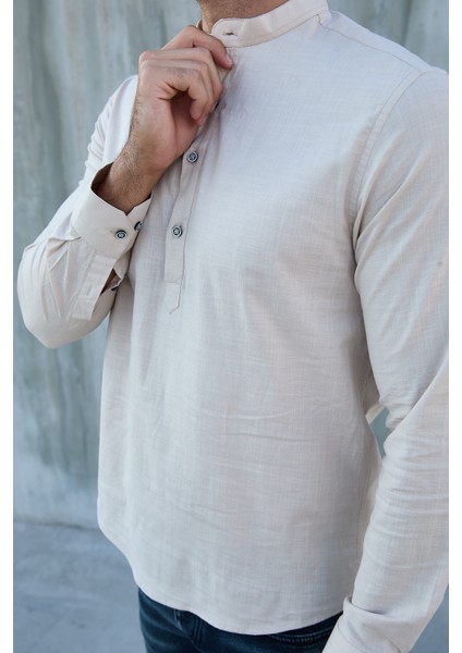 Hakim Yaka Yarım Pat Likra Keten Doku Pamuk Slim Fit Erkek Gömlek fırsatları