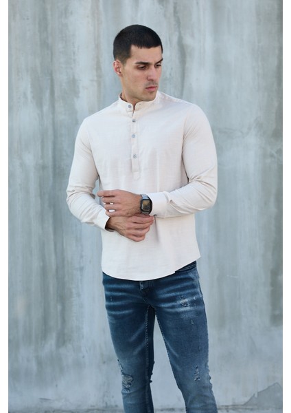 Hakim Yaka Yarım Pat Likra Keten Doku Pamuk Slim Fit Erkek Gömlek indirimleri