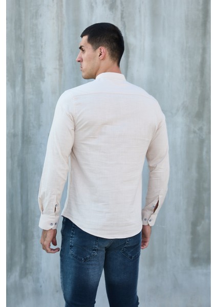 Hakim Yaka Yarım Pat Likra Keten Doku Pamuk Slim Fit Erkek Gömlek