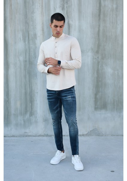 Hakim Yaka Yarım Pat Likra Keten Doku Pamuk Slim Fit Erkek Gömlek