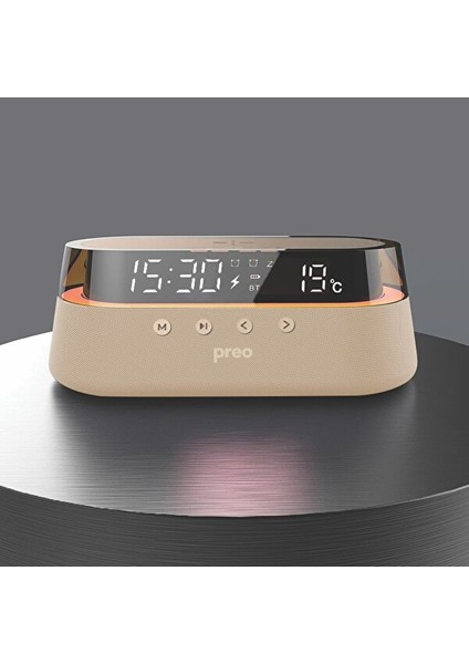 MMU300 Kablosuz Şarj Özellikli LED Aydınlatmalı 10W Bej Bluetooth Hoparlör