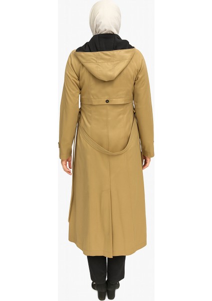 Tesettür Kadın Trençkot Kapüşonlu Camel Renk Uzun Model Kemerli modelleri