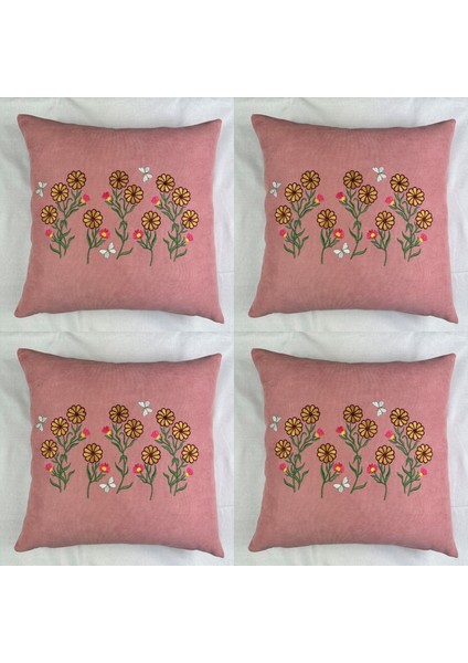 Pembe Renk Çiçek Desenli Nakışlı Yastık Kılıfı 40X40 | Kırlent Kılıfı Fermuarlı 4lü