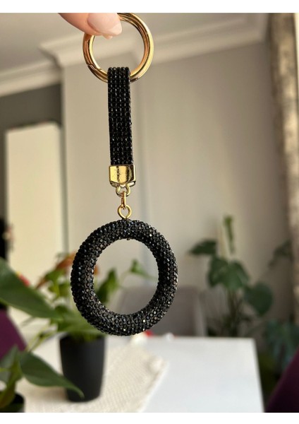 Zirkon Taşlı Siyah Silindir Model Anahtarlık