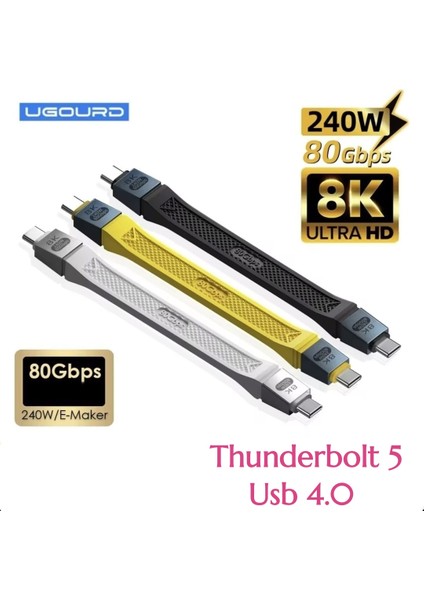 Thunderbolt 5 Usb 4.0 240W 80Gbps Gen4 8K Pd 240W Tek Yönlü 120Gbps Görüntü Aktarım ve Type-C Hızlı Şarj ve Data Kablosu Thunderbolt 4/3 ile Uyumlu E-Marker Çip Yeni Nesil Son Teknoloji 14-Cm