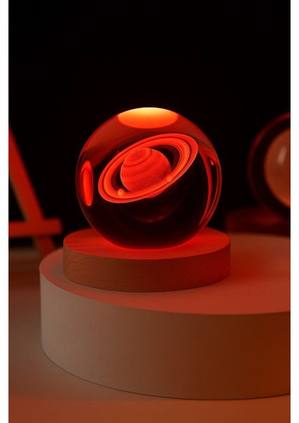 Ledli Usb'li Ahşap Standlı Satürn Temalı Kristal Küre Renkli Rgb LED 3D Oda Masa ve Gece Lambası fiyatları