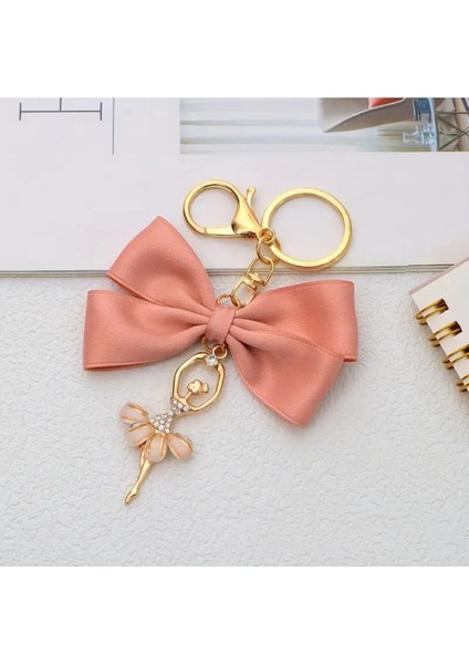 Pembe Fiyonk Kurdele Zirkon Taşlı Balerin Figürlü Çanta Charmı Anahtarlık